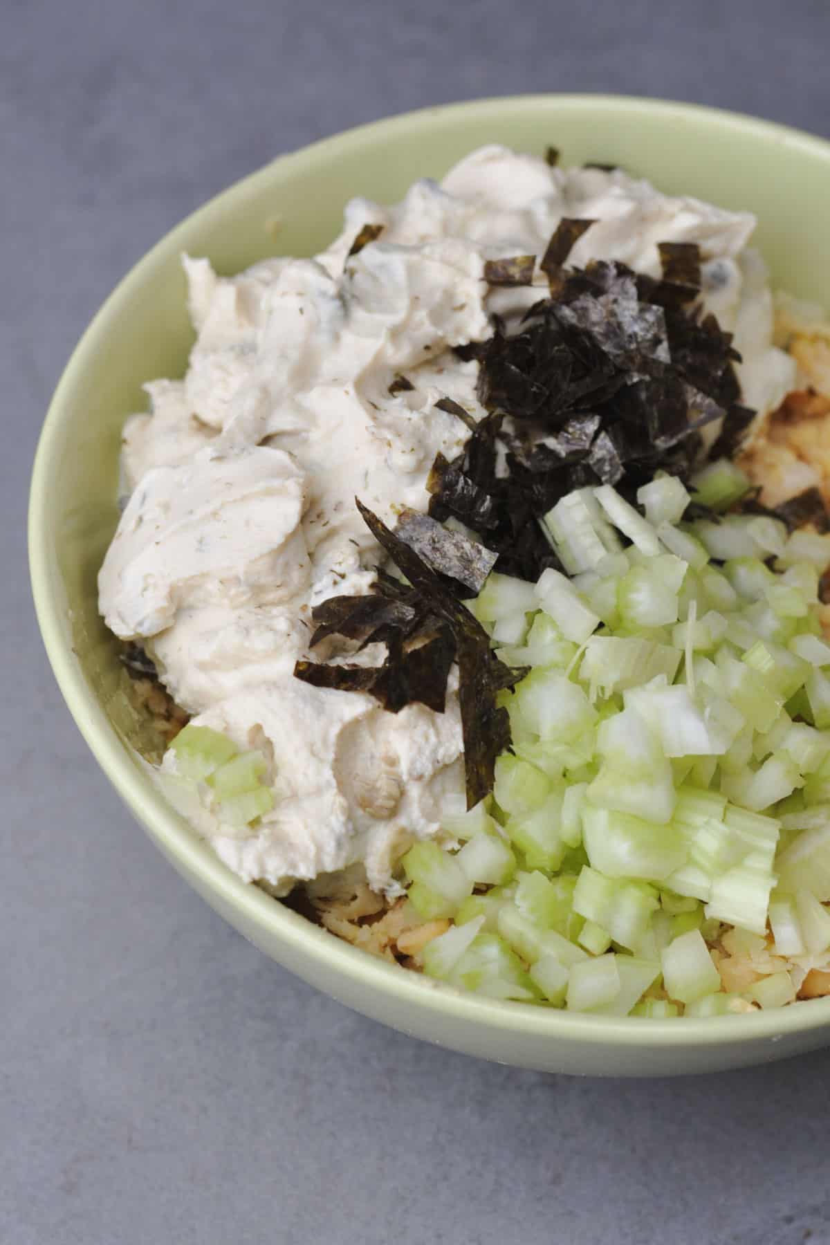 Ingredients for high protein vegan chickpea tuna salad in a bowl