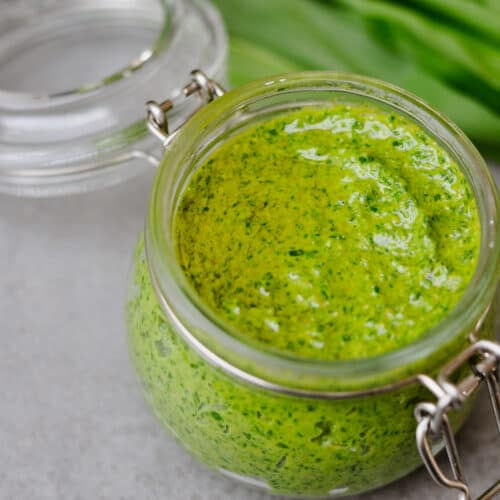 vegan wild garlic (Bärlauch) pesto in a jar.