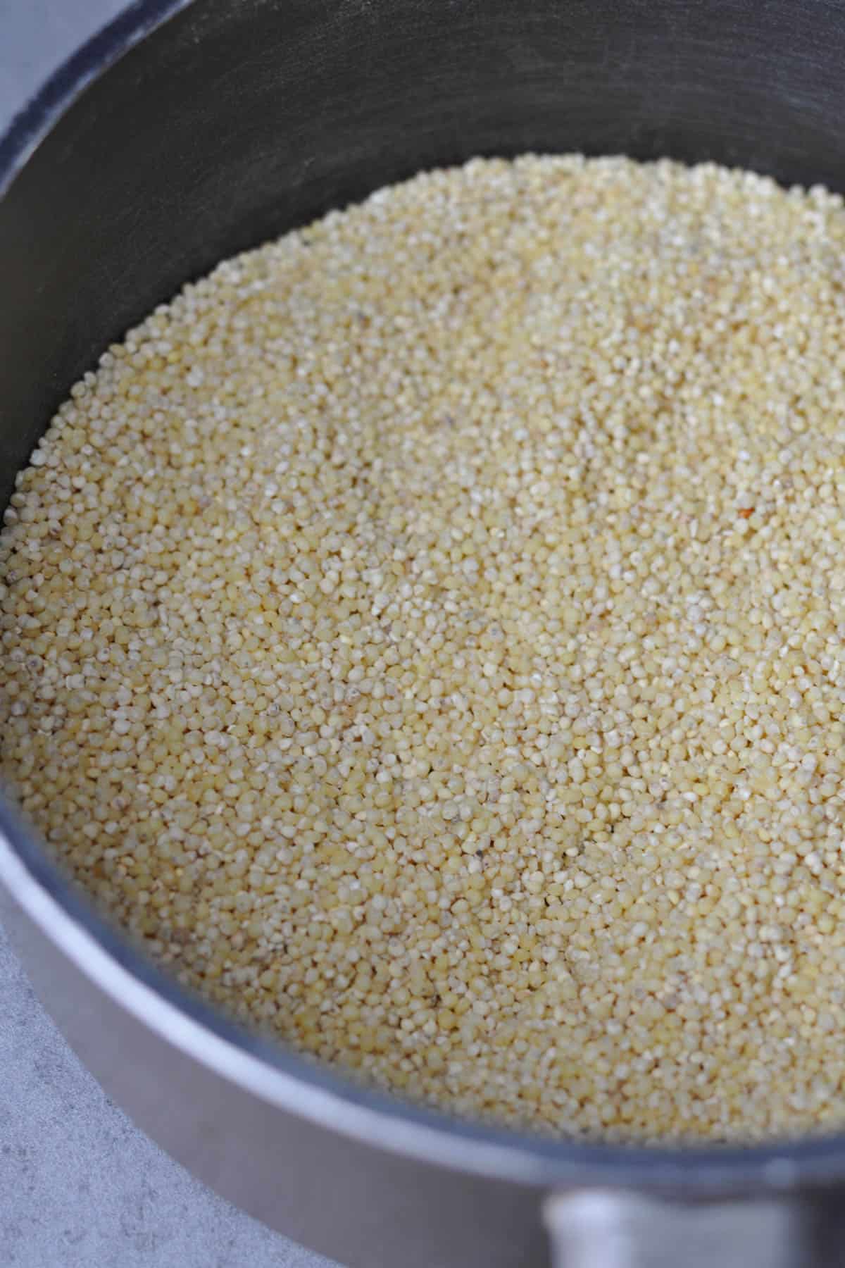 uncooked millet in pan