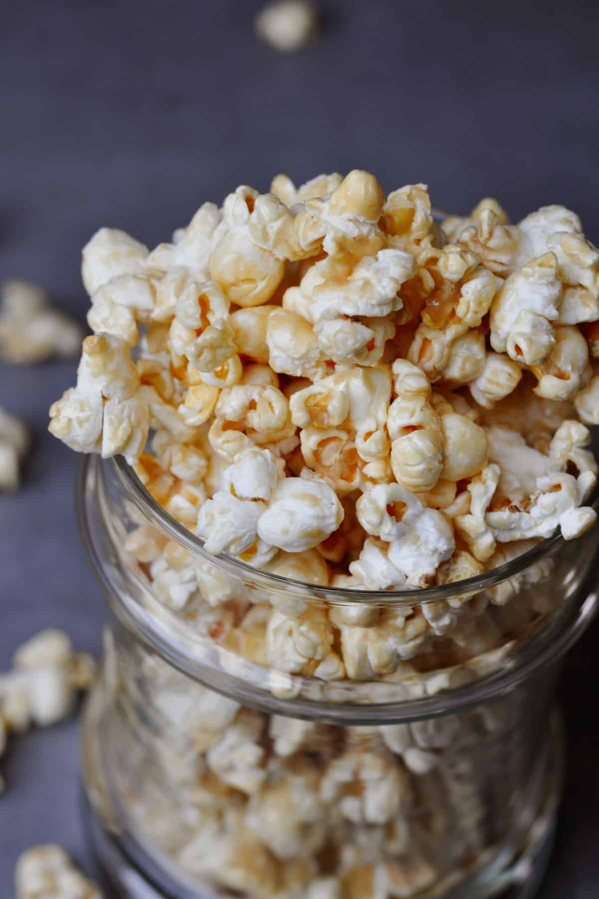 vegan caramel popcorn in a glass