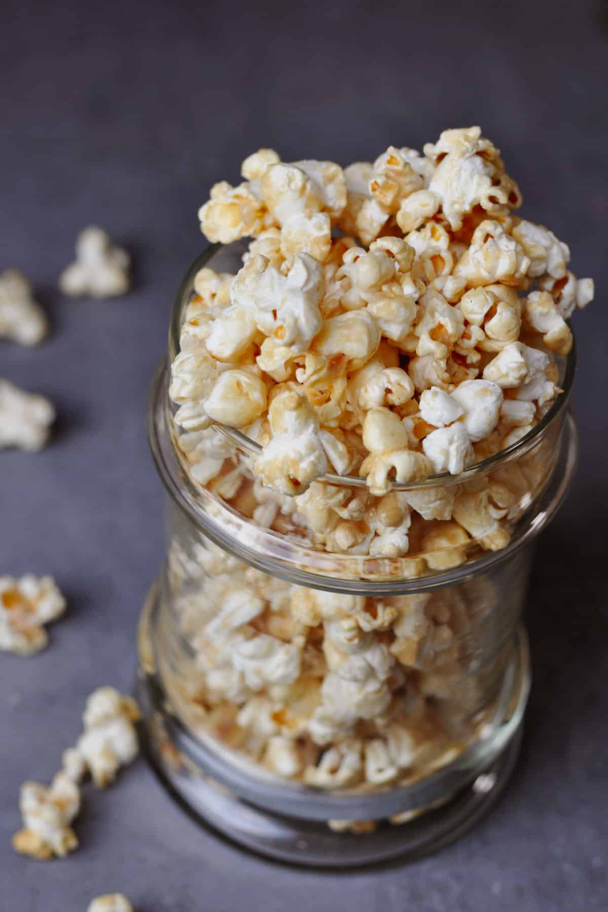 vegan salted caramel popcorn in a glass