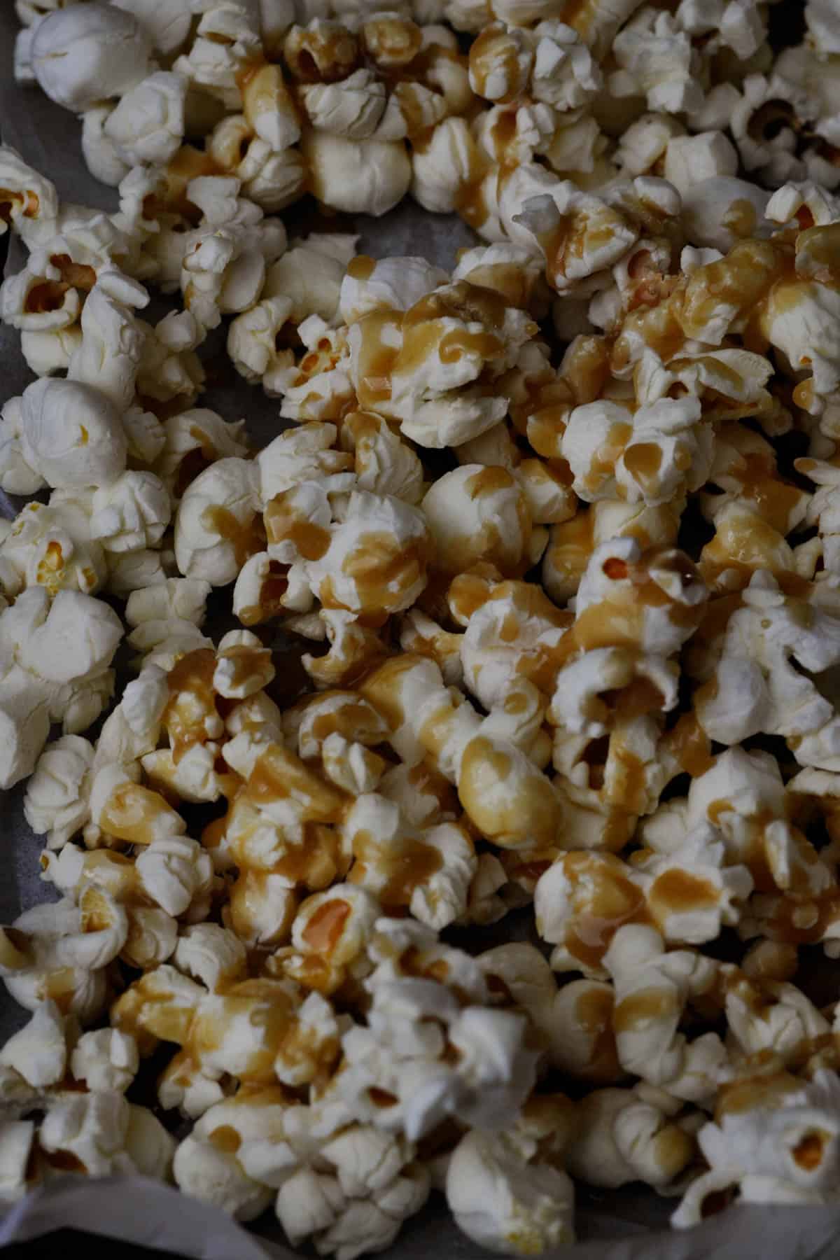 vegan caramel popcorn on a baking tray