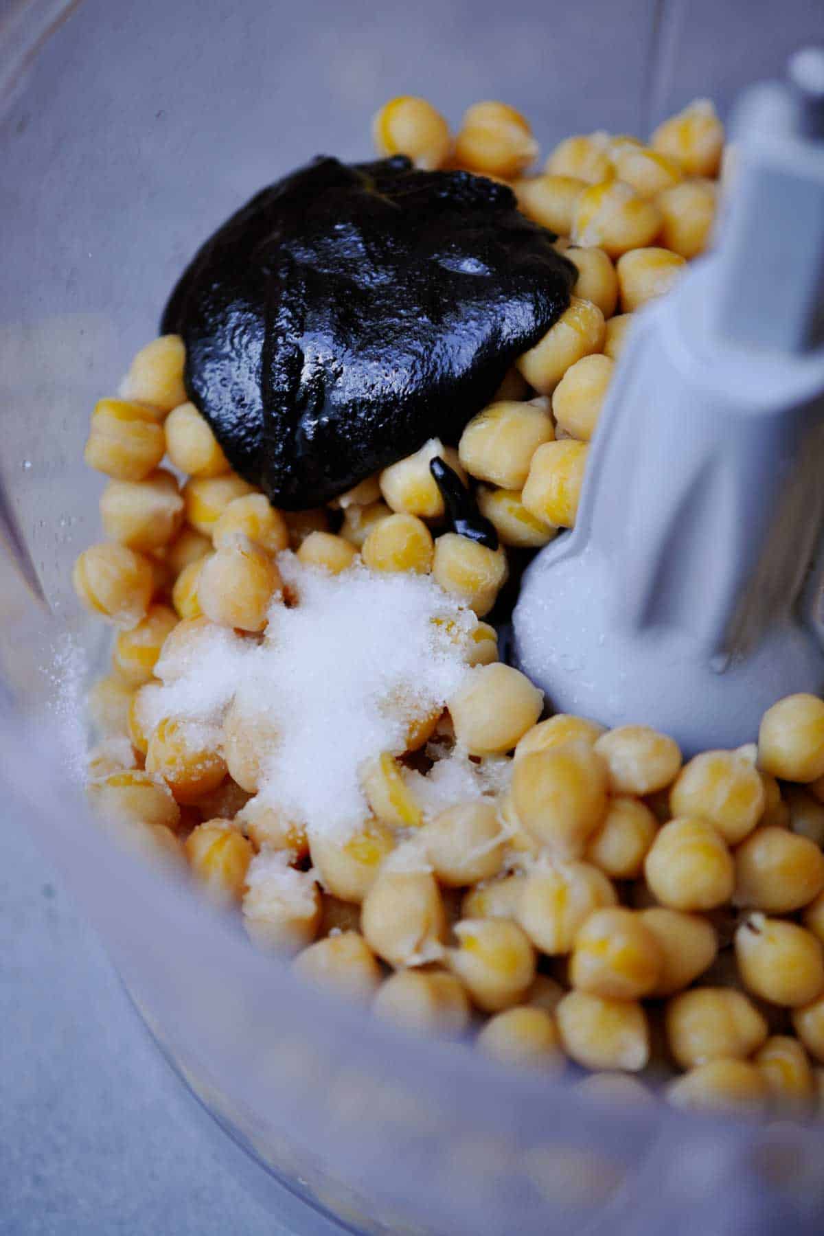 black sesame paste hummus ingredients in a food processor.