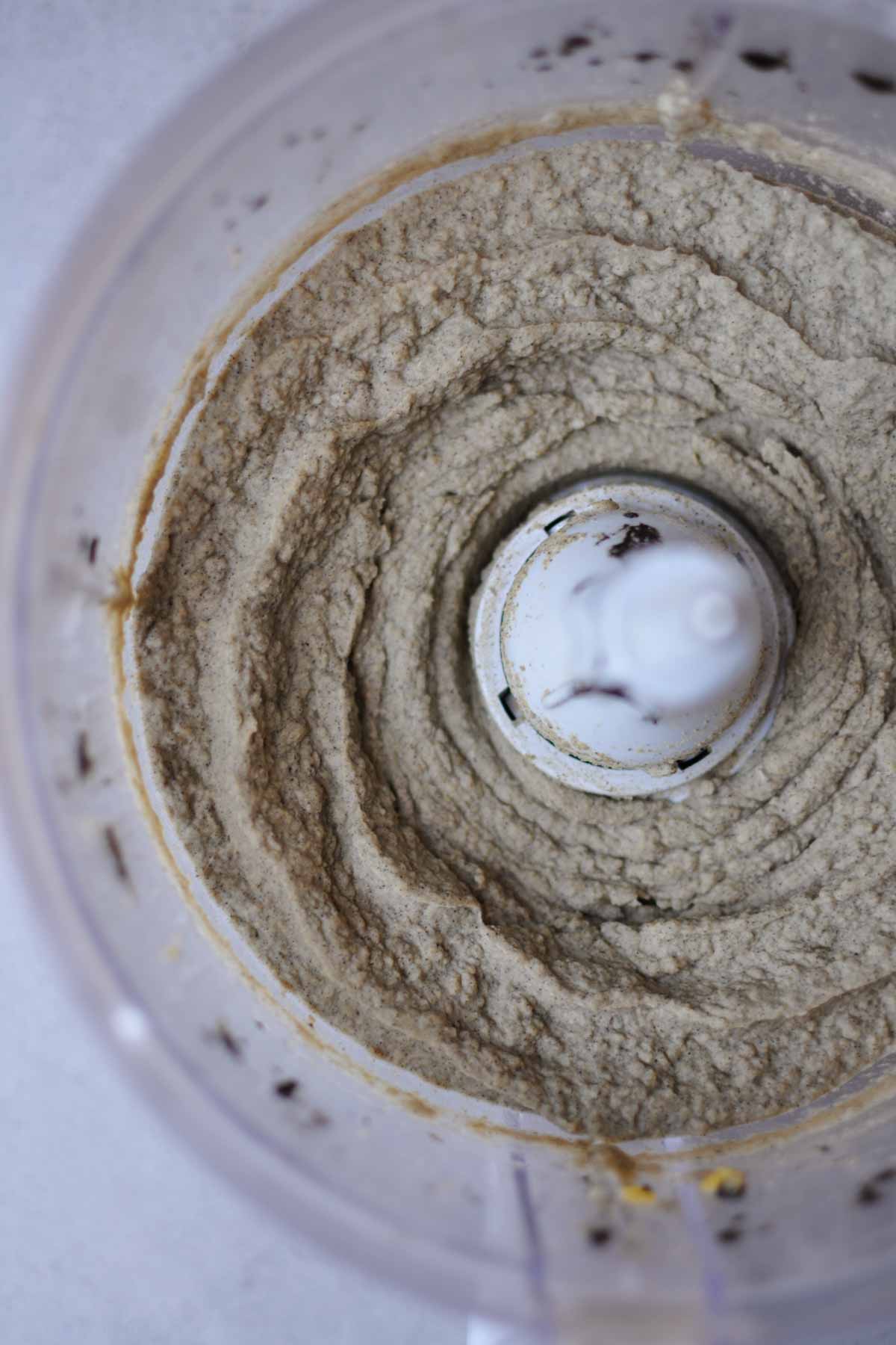 black sesame paste hummus mixed in a food processor.