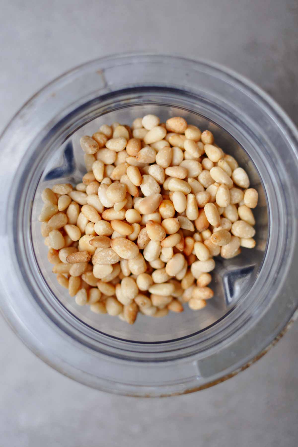 roasted pine nuts in a vitamix blending bowl for roasted pine nut butter recipe.